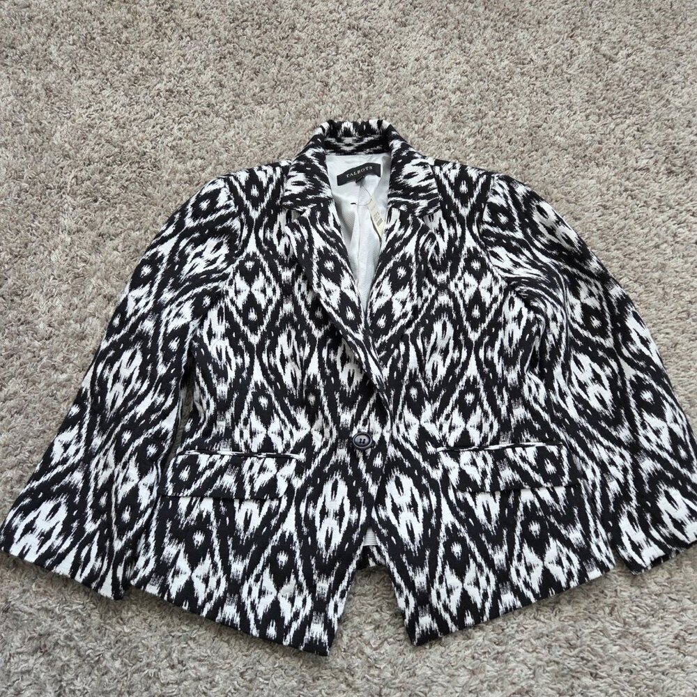 Talbots Blazer Jacket Womens 2 Black White Geometric Lined 3/4 Sleeve Tags
